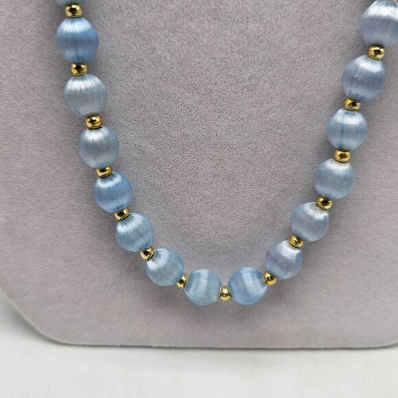 Vintage Blue Satin Bead Necklace With Gold Tone Spacers No Clasp - Picture 2 of 4